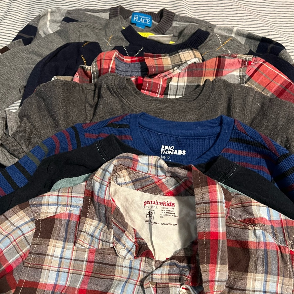Bundle lot of 8 long sleeve sweaters, button ups and tee shirts size 4T